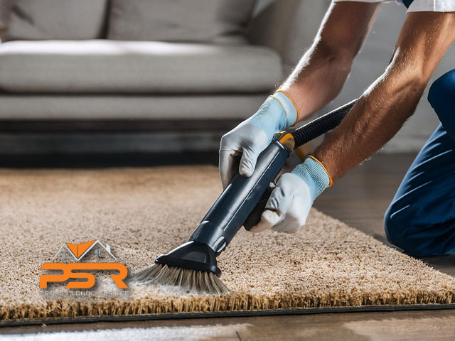 technician working applying fiber protection on carpet