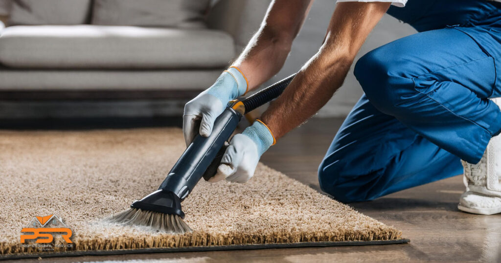 technician working applying fiber protection on carpet