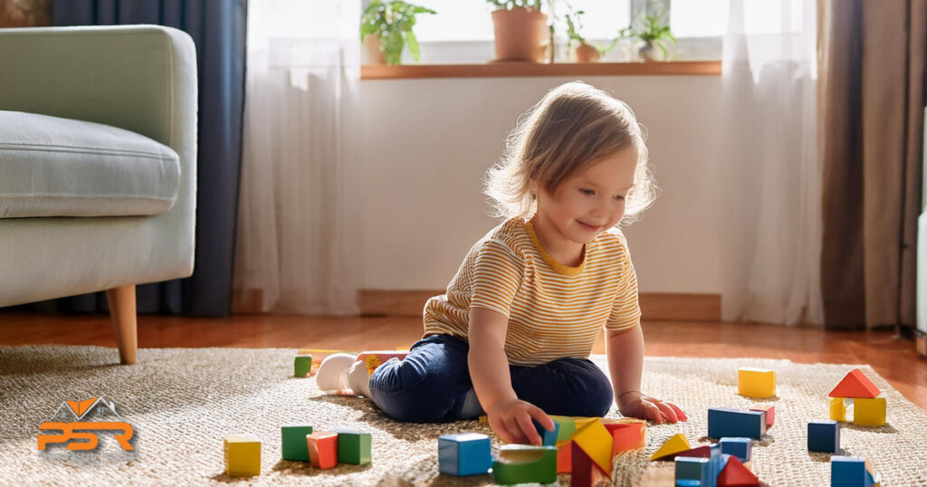 young child playing in living room on carpet